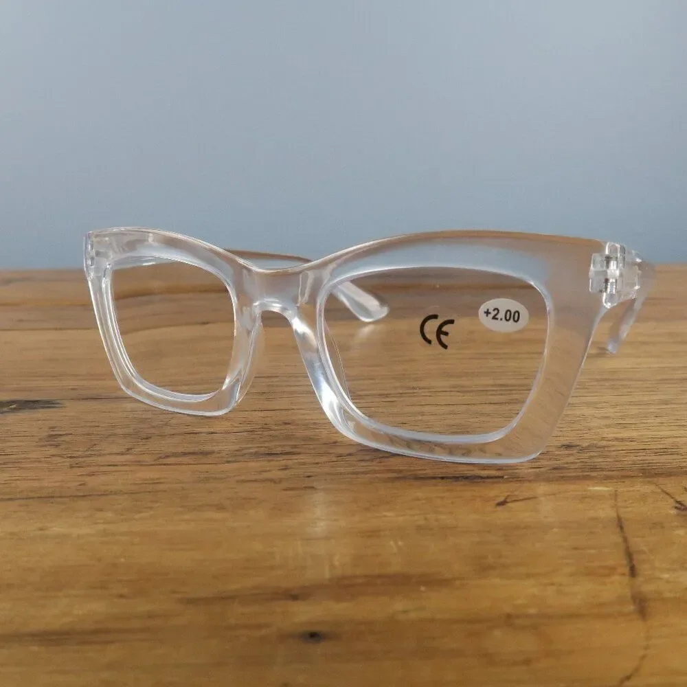 RETRO TRENDY CLEAR WHITE READER GLASSES +2.00 NWT